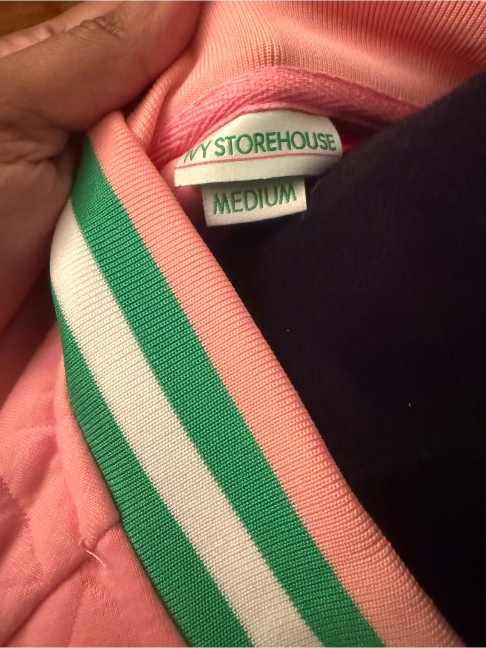 Women’s Pink AKA Quilted Bomber Jacket with Green/white Stripe Trim - Picture 6 of 6